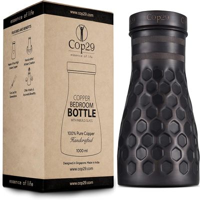 Cop29 Handmade Dolny Antique Honeycomb Copper Bedroom Water Bottle I Pitcher with Lid I Bedside Water Carafe I (Indoor Puprose with Loose Lid) 1000ml/34oz