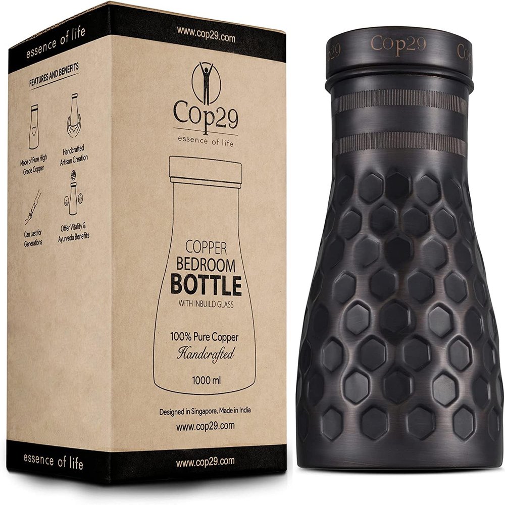 Cop29 Handmade Dolny Antique Honeycomb Copper Bedroom Water Bottle I Pitcher with Lid I Bedside Water Carafe I (Indoor Puprose with Loose Lid) 1000ml/34oz