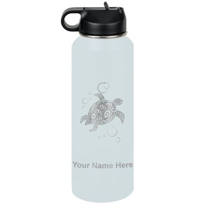 LaserGram Personalized Water Bottle, Hawaiian Sea Turtle, Stainless Steel Double Wall Vacuum Insulated with Flip Top Straw, Custom Engraved Gift (40oz / 1180ml Light Blue)