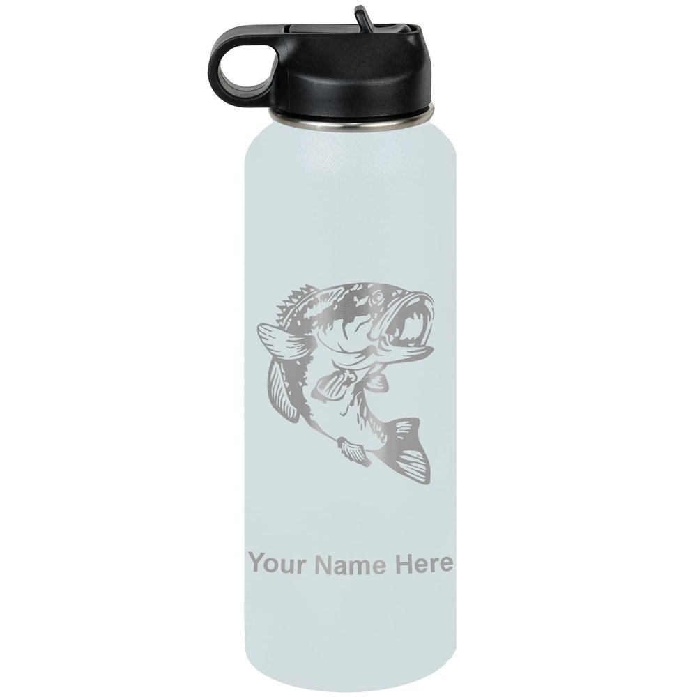LaserGram Personalized Water Bottle, Bass Fish, Stainless Steel Double Wall Vacuum Insulated with Flip Top Straw, Custom Engraved Gift (40oz / 1180ml Light Blue)
