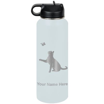 LaserGram Personalized Water Bottle, Cat with Butterfly, Stainless Steel Double Wall Vacuum Insulated with Flip Top Straw, Custom Engraved Gift (40oz / 1180ml Light Blue)