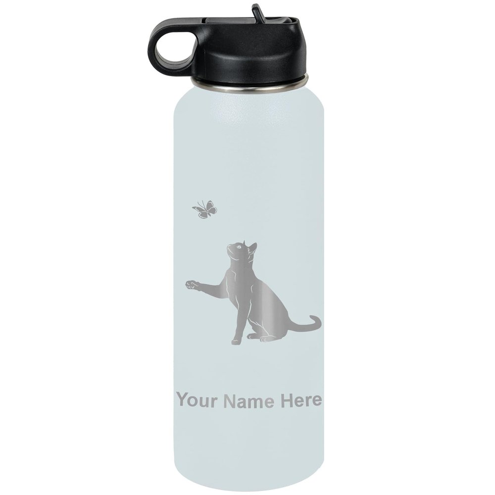 LaserGram Personalized Water Bottle, Cat with Butterfly, Stainless Steel Double Wall Vacuum Insulated with Flip Top Straw, Custom Engraved Gift (40oz / 1180ml Light Blue)