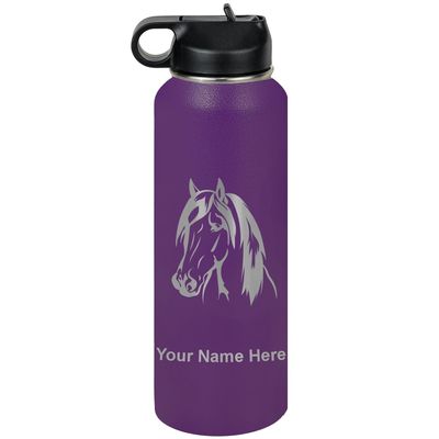 LaserGram Personalized Water Bottle, Horse Head 1, Stainless Steel Double Wall Vacuum Insulated with Flip Top Straw, Custom Engraved Gift (40oz / 1180ml Dark Purple)