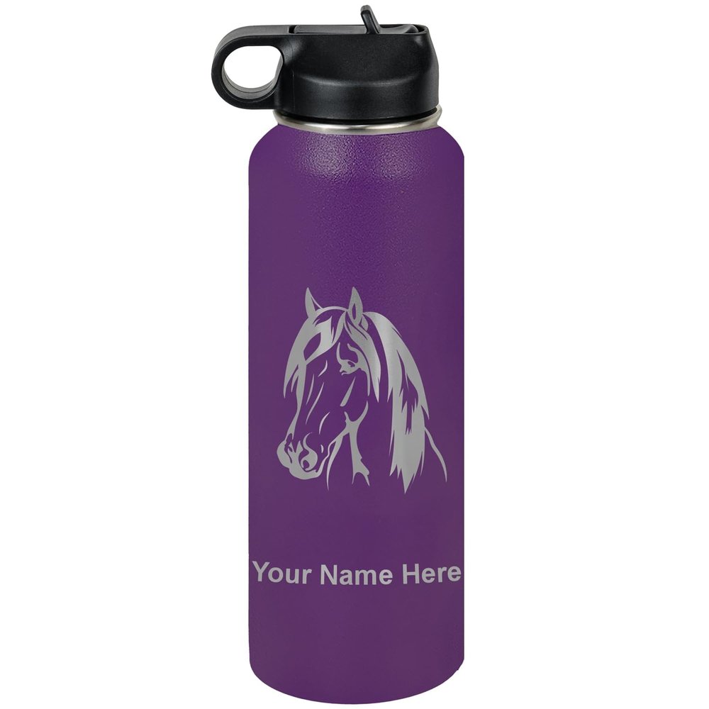 LaserGram Personalized Water Bottle, Horse Head 1, Stainless Steel Double Wall Vacuum Insulated with Flip Top Straw, Custom Engraved Gift (40oz / 1180ml Dark Purple)