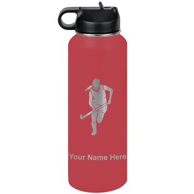 LaserGram Personalized Water Bottle, Field Hockey Woman, Stainless Steel Double Wall Vacuum Insulated with Flip Top Straw, Custom Engraved Gift (40oz / 1180ml Maroon)