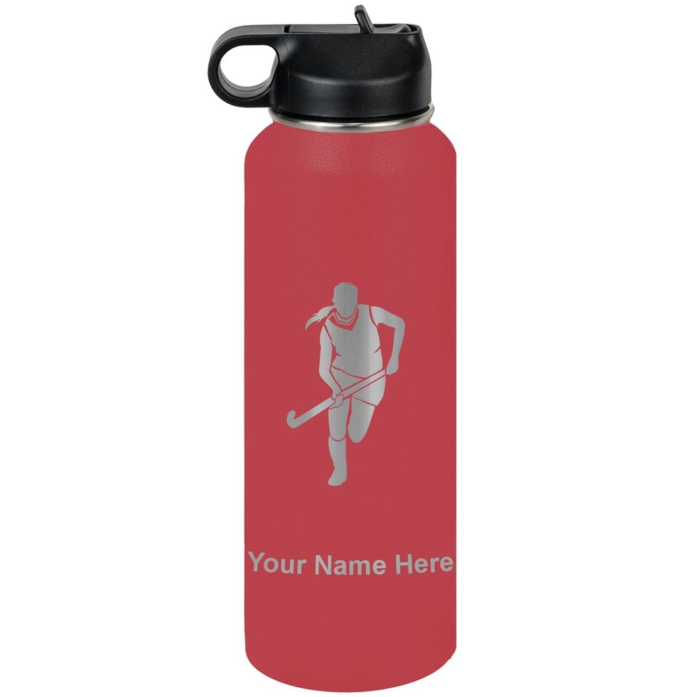 LaserGram Personalized Water Bottle, Field Hockey Woman, Stainless Steel Double Wall Vacuum Insulated with Flip Top Straw, Custom Engraved Gift (40oz / 1180ml Maroon)