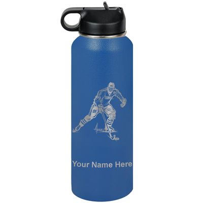 LaserGram Personalized Water Bottle, Hockey Player Man, Stainless Steel Double Wall Vacuum Insulated with Flip Top Straw, Custom Engraved Gift (40oz / 1180ml Dark Blue)