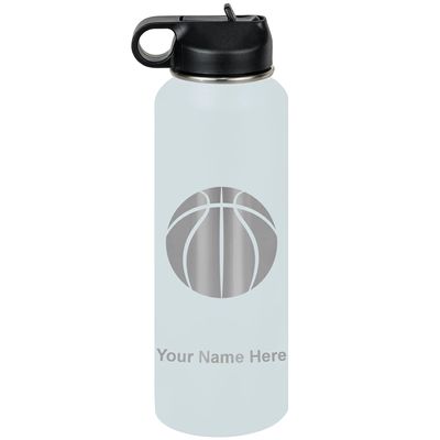 LaserGram Personalized Water Bottle, Basketball Ball, Stainless Steel Double Wall Vacuum Insulated with Flip Top Straw, Custom Engraved Gift (40oz / 1180ml Light Blue)