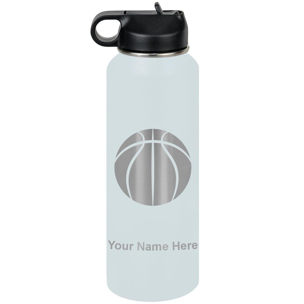 LaserGram Personalized Water Bottle, Basketball Ball, Stainless Steel Double Wall Vacuum Insulated with Flip Top Straw, Custom Engraved Gift (40oz / 1180ml Light Blue)