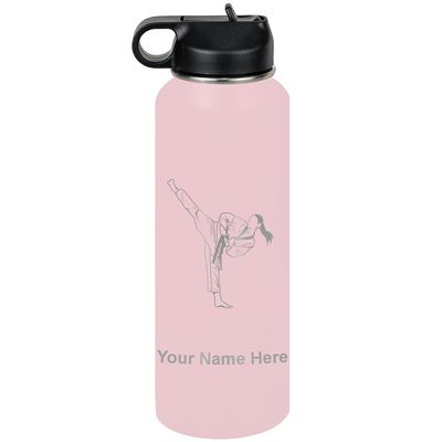 LaserGram Personalized Water Bottle, Taekwondo Woman, Stainless Steel Double Wall Vacuum Insulated with Flip Top Straw, Custom Engraved Gift (40oz / 1180ml Pink)