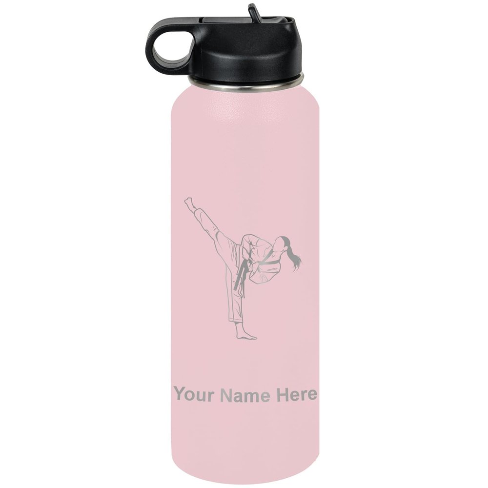LaserGram Personalized Water Bottle, Taekwondo Woman, Stainless Steel Double Wall Vacuum Insulated with Flip Top Straw, Custom Engraved Gift (40oz / 1180ml Pink)
