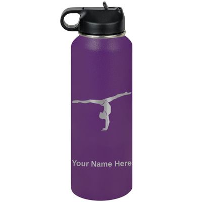 LaserGram Personalized Water Bottle, Gymnast Girl, Stainless Steel Double Wall Vacuum Insulated with Flip Top Straw, Custom Engraved Gift (40oz / 1180ml Dark Purple)
