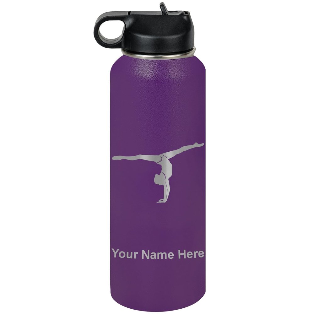 LaserGram Personalized Water Bottle, Gymnast Girl, Stainless Steel Double Wall Vacuum Insulated with Flip Top Straw, Custom Engraved Gift (40oz / 1180ml Dark Purple)