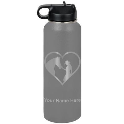 LaserGram Personalized Water Bottle, Horse Cowgirl Heart, Stainless Steel Double Wall Vacuum Insulated with Flip Top Straw, Custom Engraved Gift (40oz / 1180ml Gray)