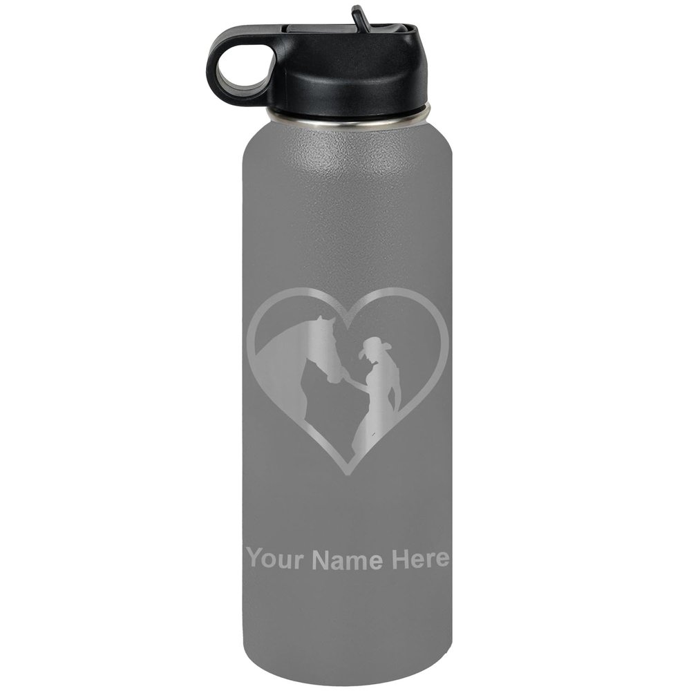 LaserGram Personalized Water Bottle, Horse Cowgirl Heart, Stainless Steel Double Wall Vacuum Insulated with Flip Top Straw, Custom Engraved Gift (40oz / 1180ml Gray)