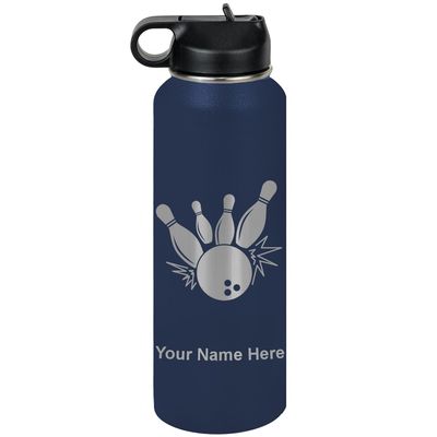 LaserGram Personalized Water Bottle, Bowling Ball and Pins, Stainless Steel Double Wall Vacuum Insulated with Flip Top Straw, Custom Engraved Gift (40oz / 1180ml Navy Blue)