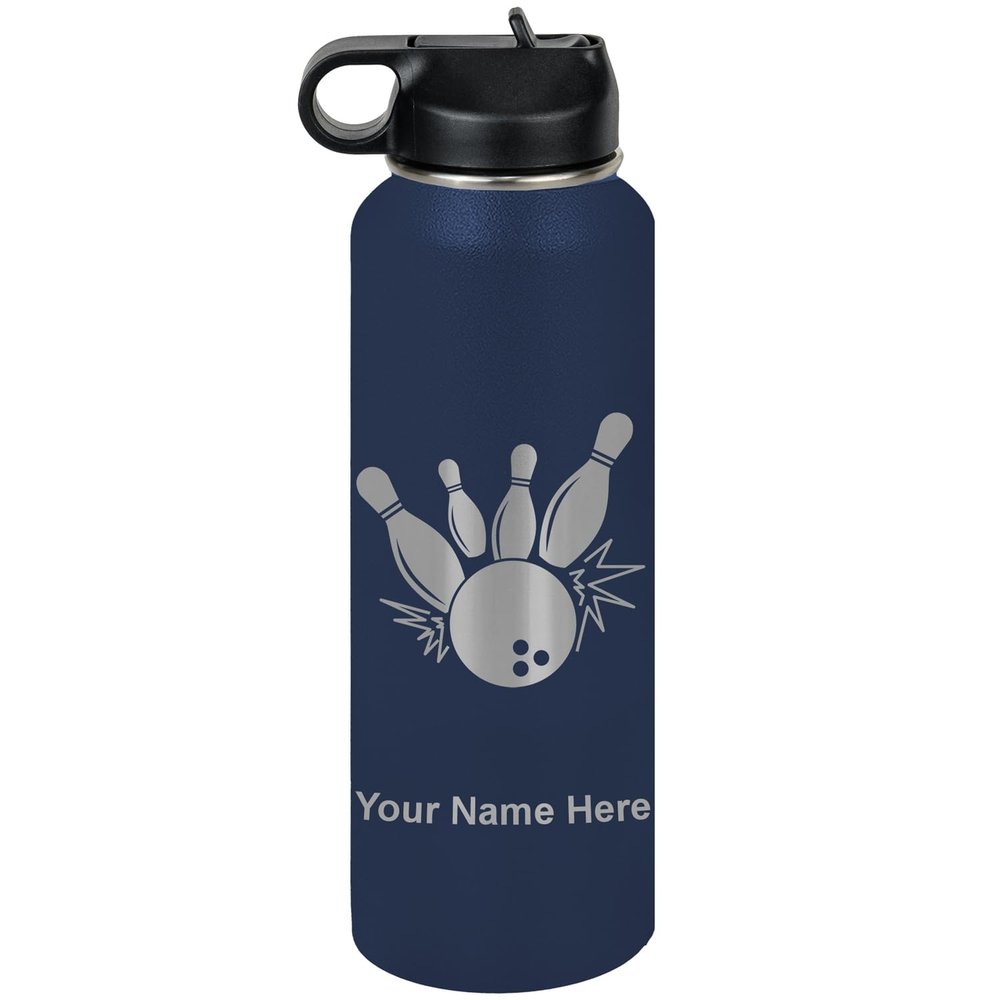 LaserGram Personalized Water Bottle, Bowling Ball and Pins, Stainless Steel Double Wall Vacuum Insulated with Flip Top Straw, Custom Engraved Gift (40oz / 1180ml Navy Blue)