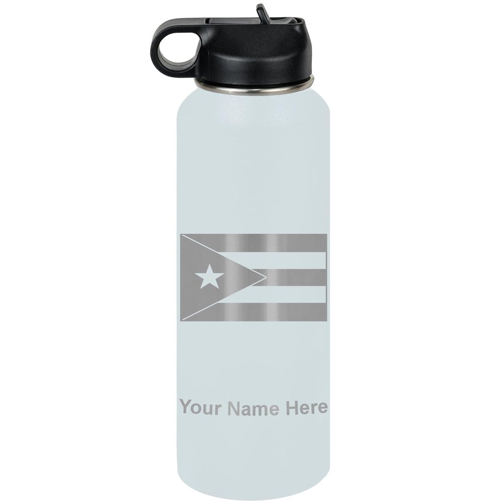 LaserGram Personalized Water Bottle, Flag of Puerto Rico, Stainless Steel Double Wall Vacuum Insulated with Flip Top Straw, Custom Engraved Gift (40oz / 1180ml Light Blue)
