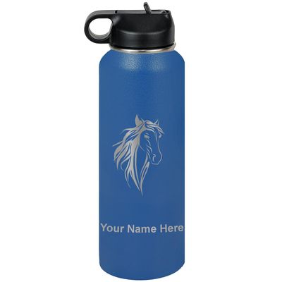 LaserGram Personalized Water Bottle, Horse Head 3, Stainless Steel Double Wall Vacuum Insulated with Flip Top Straw, Custom Engraved Gift (40oz / 1180ml Dark Blue)