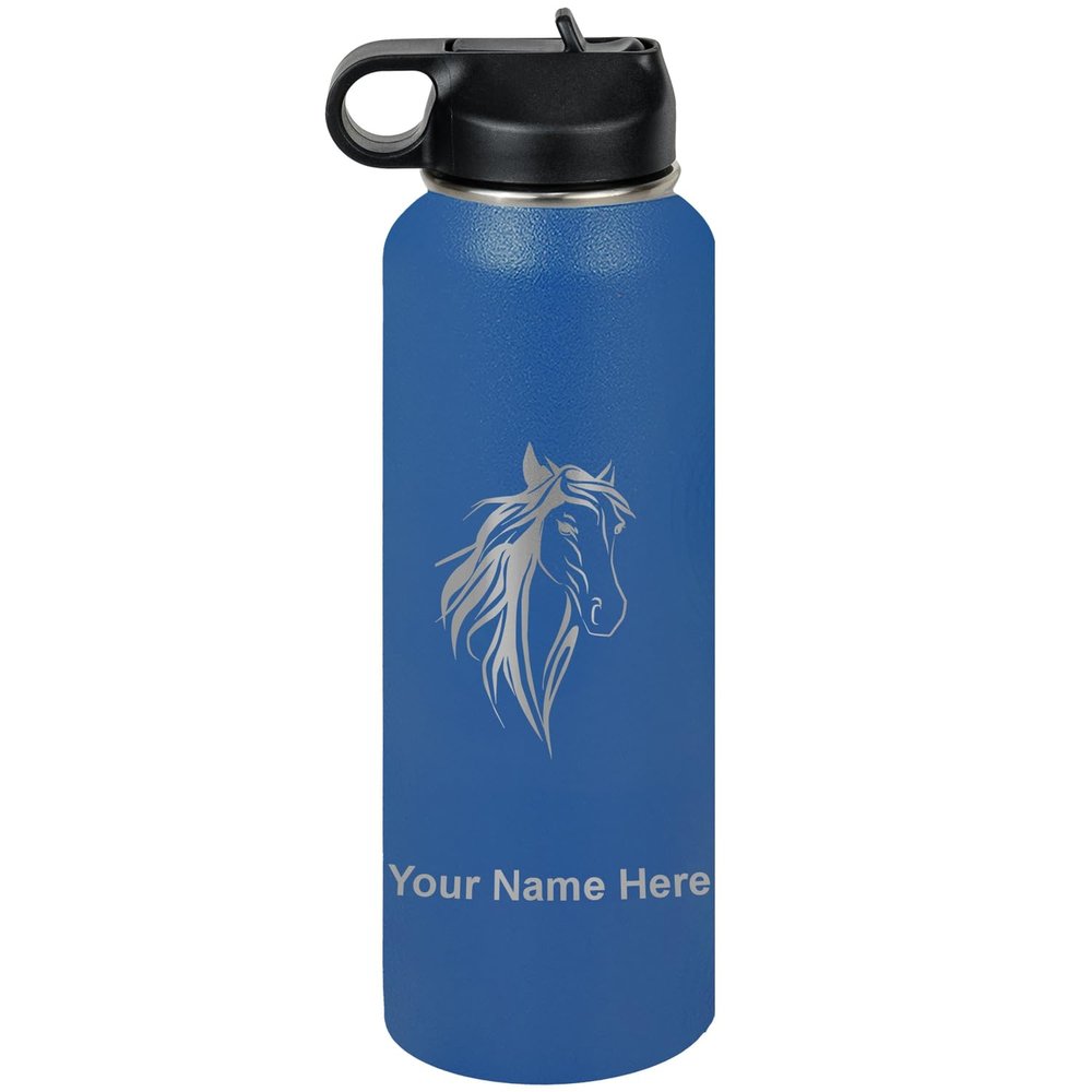 LaserGram Personalized Water Bottle, Horse Head 3, Stainless Steel Double Wall Vacuum Insulated with Flip Top Straw, Custom Engraved Gift (40oz / 1180ml Dark Blue)