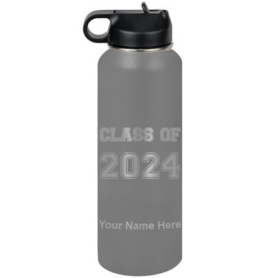 LaserGram Personalized Water Bottle, Class of 2023, 2024, 2025, 2026, 2027, Stainless Steel Double Wall Vacuum Insulated with Flip Top Straw, Custom Engraved Gift (40oz / 1180ml Gray)