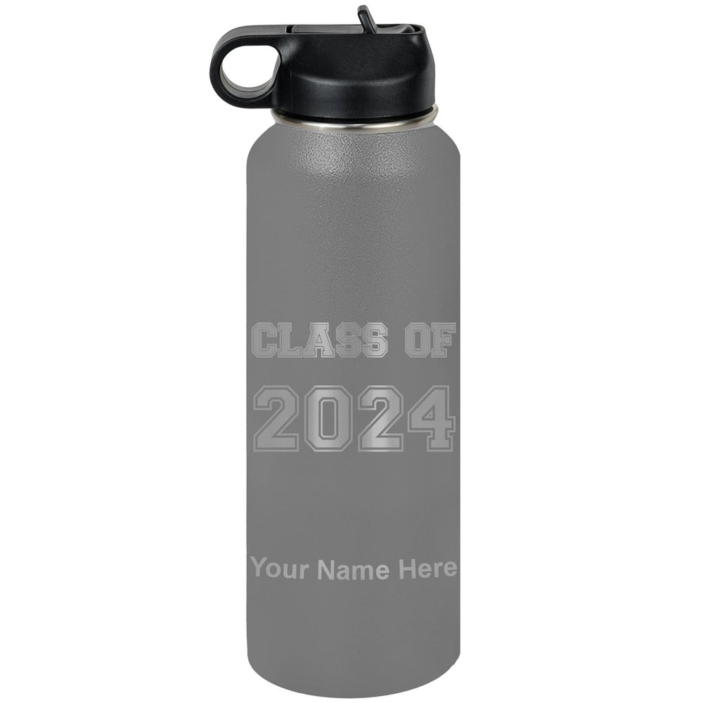 LaserGram Personalized Water Bottle, Class of 2023, 2024, 2025, 2026, 2027, Stainless Steel Double Wall Vacuum Insulated with Flip Top Straw, Custom Engraved Gift (40oz / 1180ml Gray)