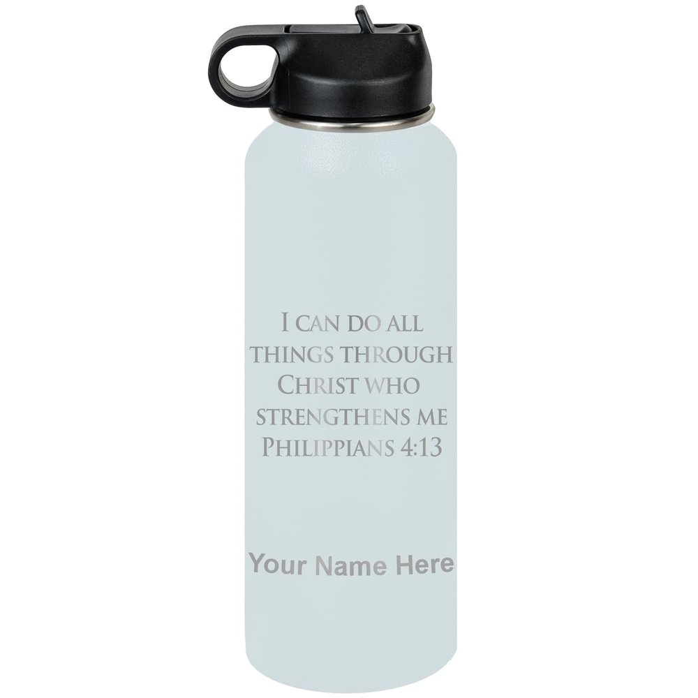 LaserGram Personalized Water Bottle, Bible Verse Philippians 4-13, Stainless Steel Double Wall Vacuum Insulated with Flip Top Straw, Custom Engraved Gift (40oz / 1180ml Light Blue)