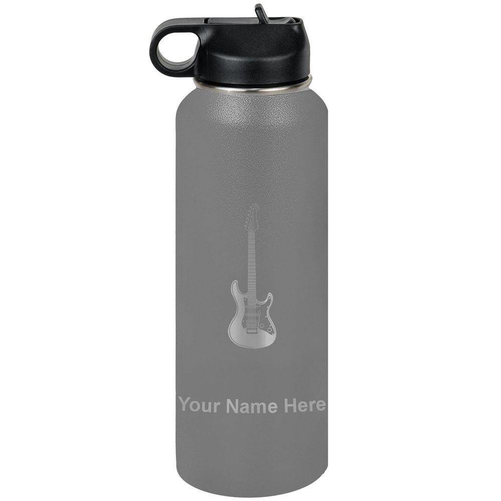 LaserGram Personalized Water Bottle, Electric Guitar, Stainless Steel Double Wall Vacuum Insulated with Flip Top Straw, Custom Engraved Gift (40oz / 1180ml Gray)
