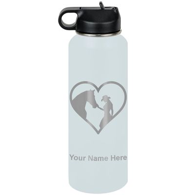 LaserGram Personalized Water Bottle, Horse Cowgirl Heart, Stainless Steel Double Wall Vacuum Insulated with Flip Top Straw, Custom Engraved Gift (40oz / 1180ml Light Blue)