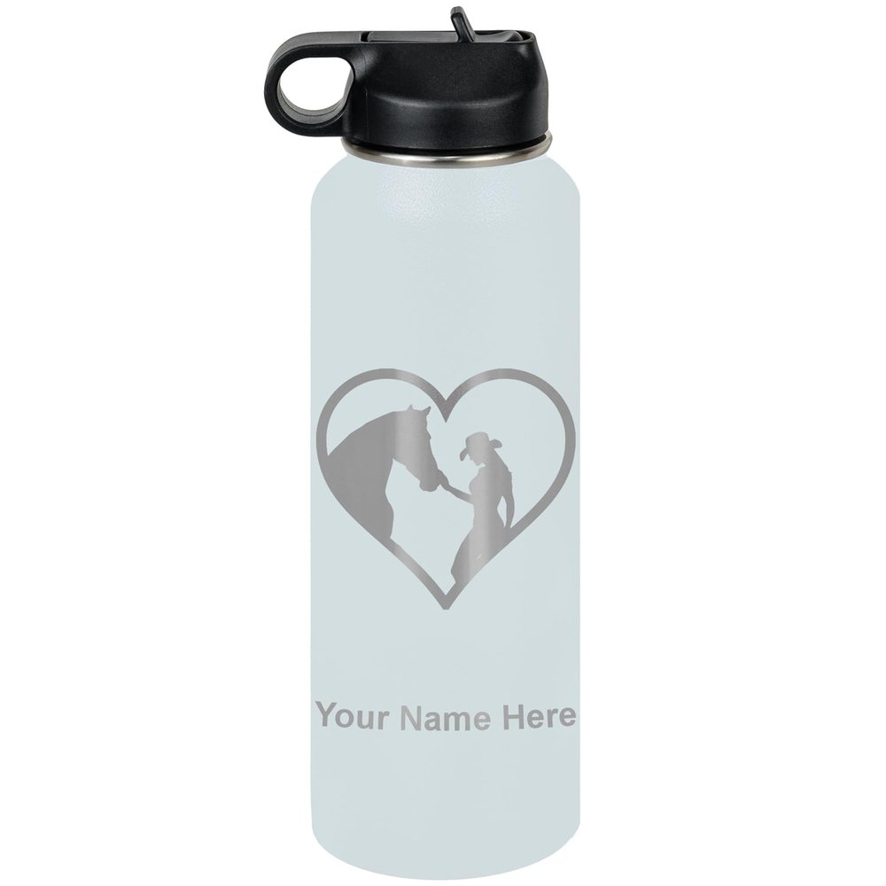 LaserGram Personalized Water Bottle, Horse Cowgirl Heart, Stainless Steel Double Wall Vacuum Insulated with Flip Top Straw, Custom Engraved Gift (40oz / 1180ml Light Blue)