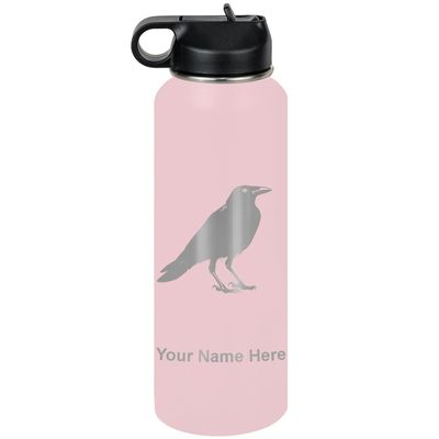 LaserGram Personalized Water Bottle, Crow, Stainless Steel Double Wall Vacuum Insulated with Flip Top Straw, Custom Engraved Gift (40oz / 1180ml Pink)