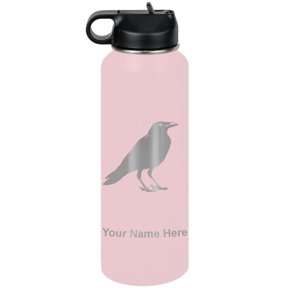 LaserGram Personalized Water Bottle, Crow, Stainless Steel Double Wall Vacuum Insulated with Flip Top Straw, Custom Engraved Gift (40oz / 1180ml Pink)