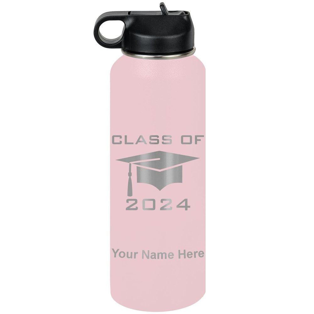 LaserGram Personalized Water Bottle, Grad Cap Class of 2023, 2024, 2025, 2026, 2027, Stainless Steel Double Wall Vacuum Insulated with Flip Top Straw, Custom Engraved Gift (40oz / 1180ml Pink)