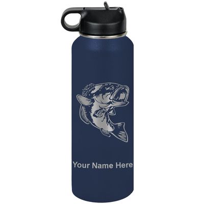 LaserGram Personalized Water Bottle, Bass Fish, Stainless Steel Double Wall Vacuum Insulated with Flip Top Straw, Custom Engraved Gift (40oz / 1180ml Navy Blue)