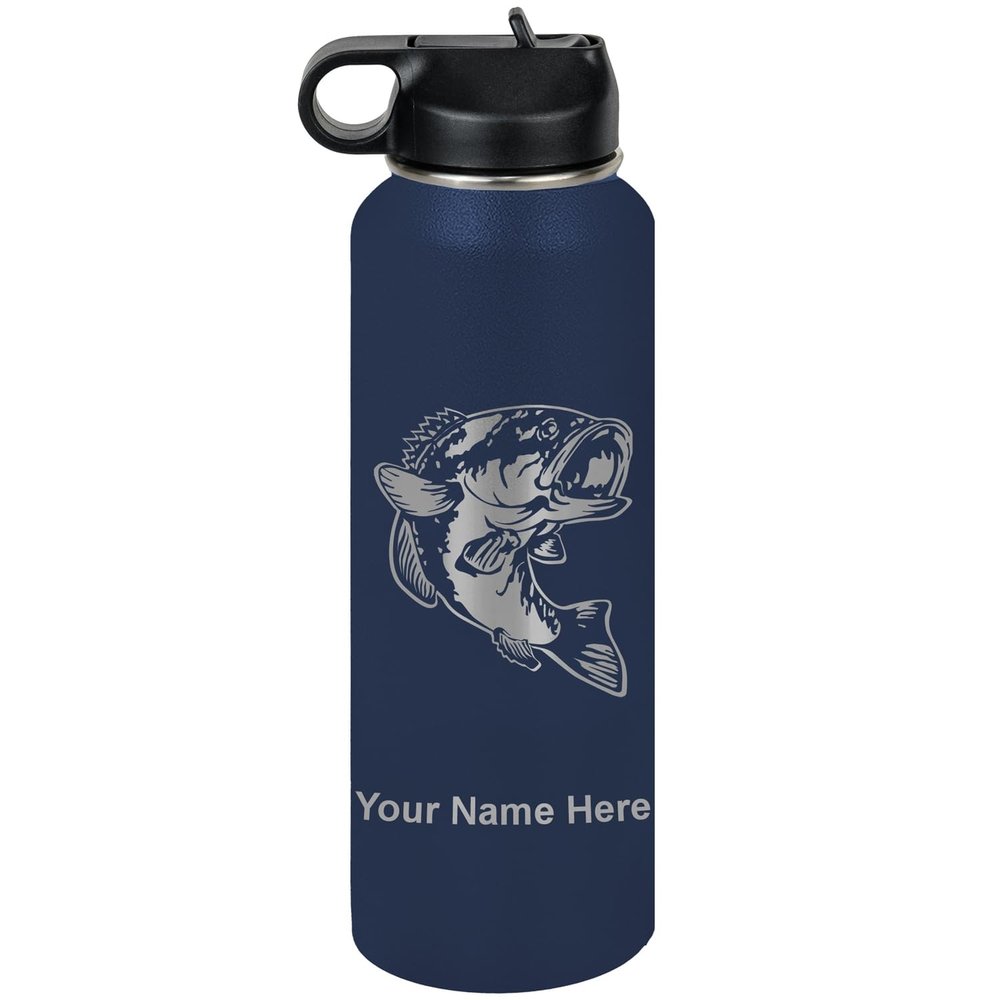 LaserGram Personalized Water Bottle, Bass Fish, Stainless Steel Double Wall Vacuum Insulated with Flip Top Straw, Custom Engraved Gift (40oz / 1180ml Navy Blue)