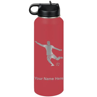 LaserGram Personalized Water Bottle, Soccer Player Man, Stainless Steel Double Wall Vacuum Insulated with Flip Top Straw, Custom Engraved Gift (40oz / 1180ml Maroon)