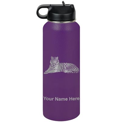 LaserGram Personalized Water Bottle, Tiger, Stainless Steel Double Wall Vacuum Insulated with Flip Top Straw, Custom Engraved Gift (40oz / 1180ml Dark Purple)