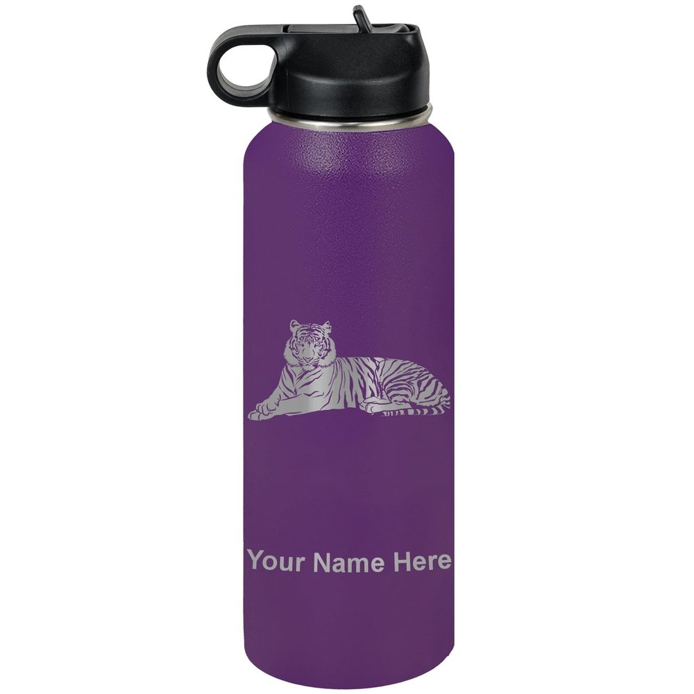 LaserGram Personalized Water Bottle, Tiger, Stainless Steel Double Wall Vacuum Insulated with Flip Top Straw, Custom Engraved Gift (40oz / 1180ml Dark Purple)