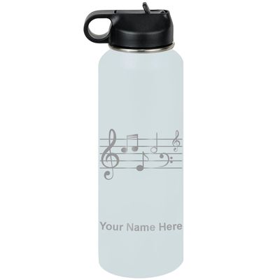 LaserGram Personalized Water Bottle, Music Staff, Stainless Steel Double Wall Vacuum Insulated with Flip Top Straw, Custom Engraved Gift (40oz / 1180ml Light Blue)