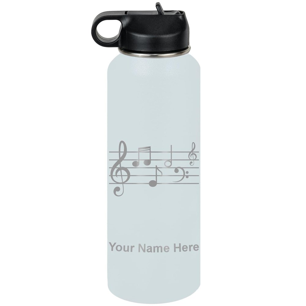 LaserGram Personalized Water Bottle, Music Staff, Stainless Steel Double Wall Vacuum Insulated with Flip Top Straw, Custom Engraved Gift (40oz / 1180ml Light Blue)