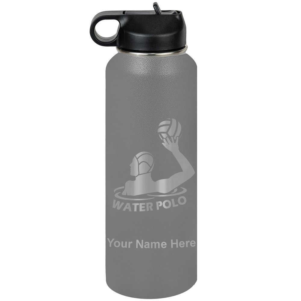 LaserGram Personalized Water Bottle, Water Polo Player, Stainless Steel Double Wall Vacuum Insulated with Flip Top Straw, Custom Engraved Gift (40oz / 1180ml Gray)