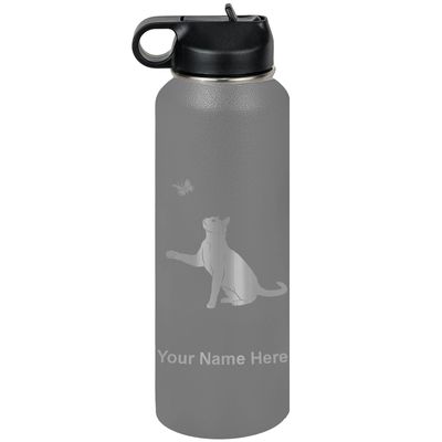 LaserGram Personalized Water Bottle, Cat with Butterfly, Stainless Steel Double Wall Vacuum Insulated with Flip Top Straw, Custom Engraved Gift (40oz / 1180ml Gray)