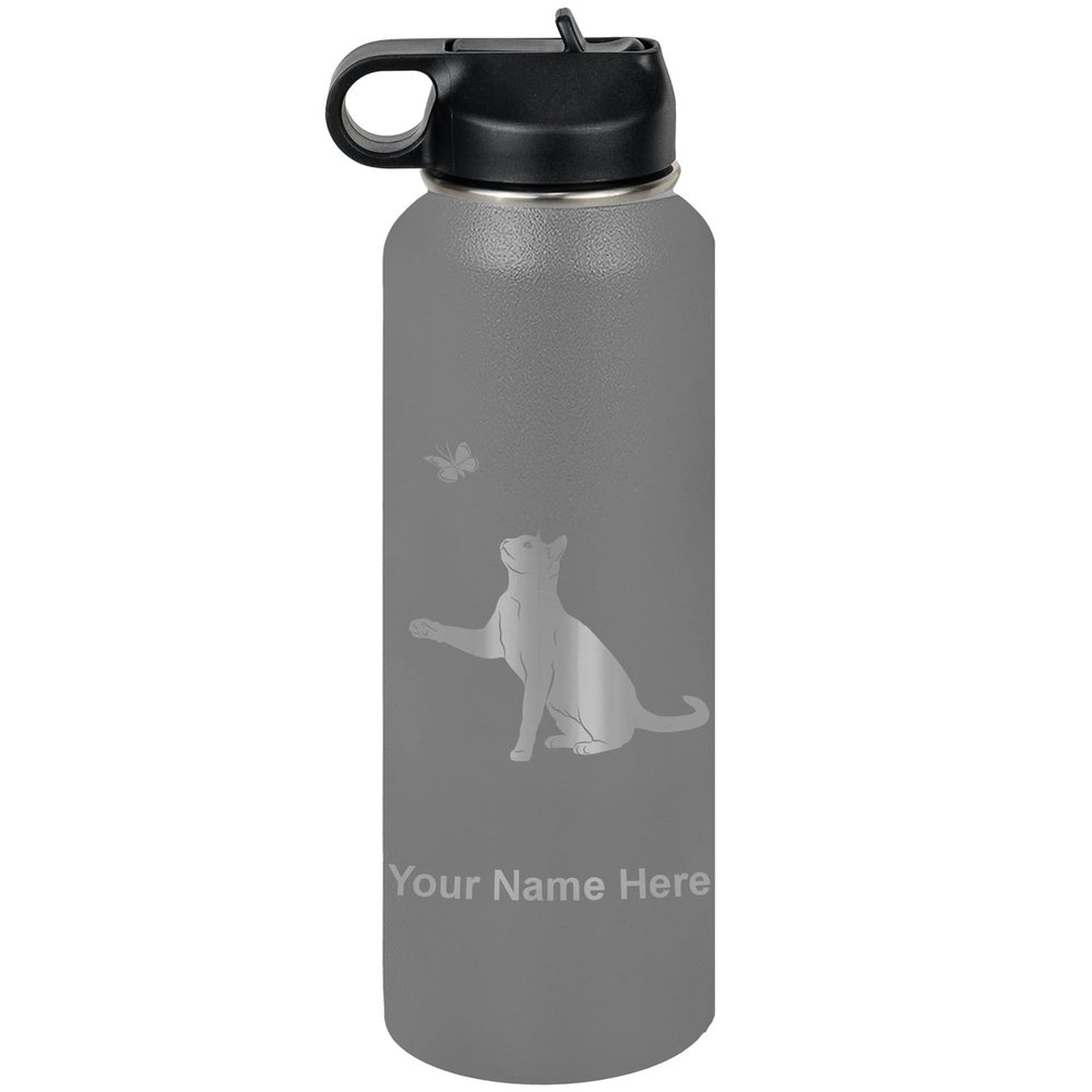 LaserGram Personalized Water Bottle, Cat with Butterfly, Stainless Steel Double Wall Vacuum Insulated with Flip Top Straw, Custom Engraved Gift (40oz / 1180ml Gray)