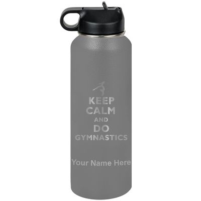 LaserGram Personalized Water Bottle, Keep Calm and Do Gymnastics, Stainless Steel Double Wall Vacuum Insulated with Flip Top Straw, Custom Engraved Gift (40oz / 1180ml Gray)