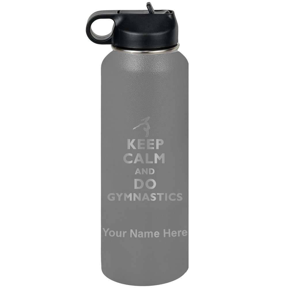 LaserGram Personalized Water Bottle, Keep Calm and Do Gymnastics, Stainless Steel Double Wall Vacuum Insulated with Flip Top Straw, Custom Engraved Gift (40oz / 1180ml Gray)
