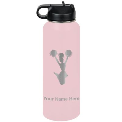 LaserGram Personalized Water Bottle, Cheerleader, Stainless Steel Double Wall Vacuum Insulated with Flip Top Straw, Custom Engraved Gift (40oz / 1180ml Pink)