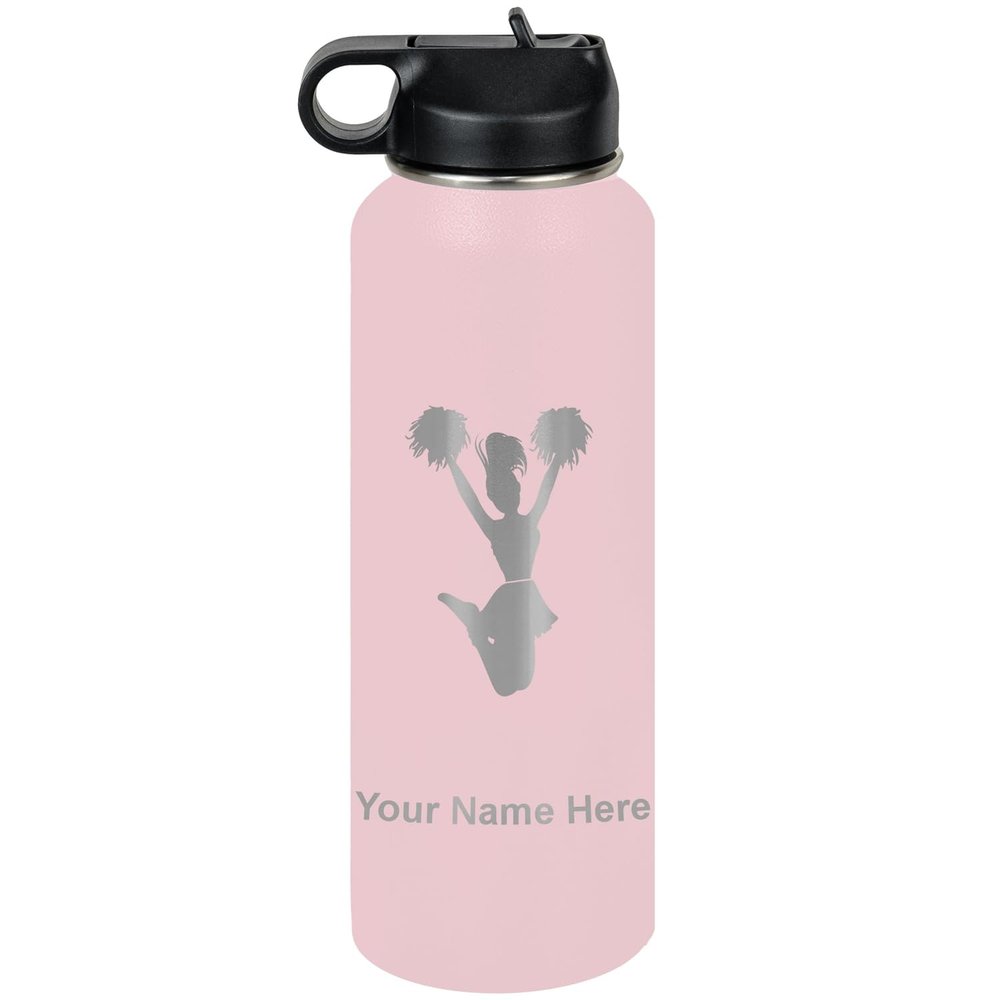 LaserGram Personalized Water Bottle, Cheerleader, Stainless Steel Double Wall Vacuum Insulated with Flip Top Straw, Custom Engraved Gift (40oz / 1180ml Pink)