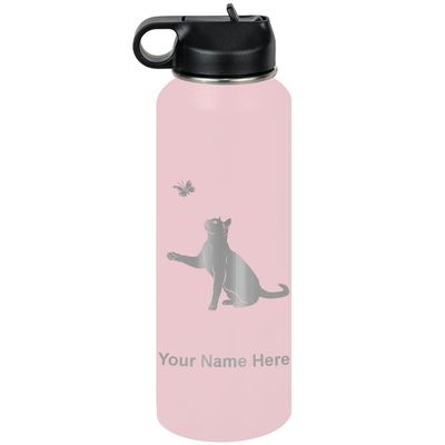 LaserGram Personalized Water Bottle, Cat with Butterfly, Stainless Steel Double Wall Vacuum Insulated with Flip Top Straw, Custom Engraved Gift (40oz / 1180ml Pink)
