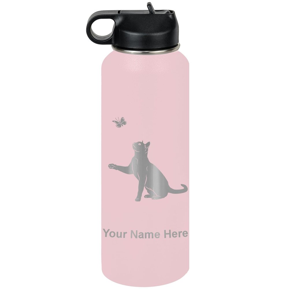 LaserGram Personalized Water Bottle, Cat with Butterfly, Stainless Steel Double Wall Vacuum Insulated with Flip Top Straw, Custom Engraved Gift (40oz / 1180ml Pink)