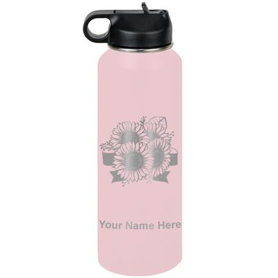 LaserGram Personalized Water Bottle, Sunflowers, Stainless Steel Double Wall Vacuum Insulated with Flip Top Straw, Custom Engraved Gift (40oz / 1180ml Pink)